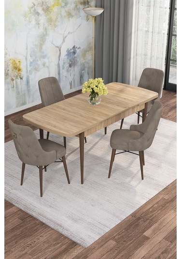 Mona Meşe 80x132 Açılabilir Mdf Masa Yemek Odası Takımı, Mutfak Takımı 4 Adet Sandalye Meşe Masa - 4 Cappuccino - Ceviz Ayak