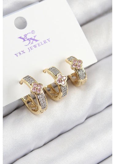 Pirinç Zirkon Taşlı 3'lü Halka Yonca Model Gold Ve Gümüş Renk Kadın Küpe Çok Renkli