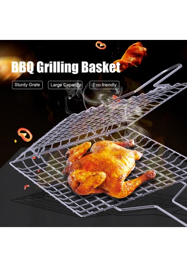 Jeemson Gümüş Demir Izgara Sepeti, Ahşap Saplı Kilitli Izgara Kafesi, Sebze-balık Et Izgarası, Barbekü Aleti, 53cm, 3-5 Kişilik Kapasite Çok Renkli