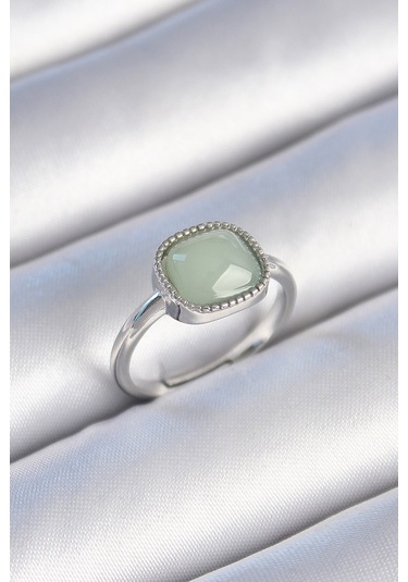 Gümüş Renk Yeşil Kare Mineli Kadın Yüzük - Ebj241214w29788 Bakır