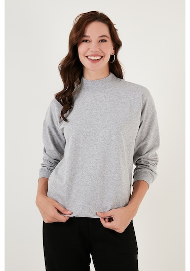 Lela Pamuklu Dik Yaka Basic Örme Bayan Sweat 5863323 Gri Melanj