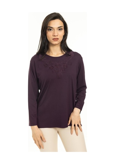 Kadın Orta Yaş Ve Üzeri Yeni Model Yuvarlak Yaka Likralı Anne Penye Bluz 30550-mürdüm