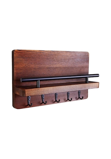 Flybuy Ahşap Anahtarlık Duvar Rafı - Çam Ağacı Kahverengi, 25x18.5x7.5cm, Endüstriyel Dekor İçin Mükemmel Giriş Siyah