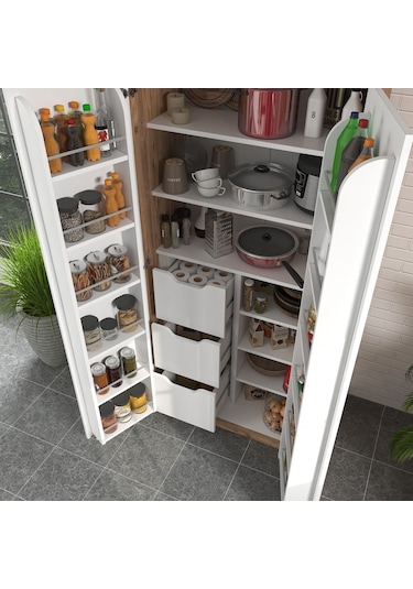 90 Derece Açılabilir 2 Kapaklı, 3 Çekmeceli, Kavanoz Raflı Kiler Ve Erzak Mutfak Dolabı Atlantik Çam Beyaz