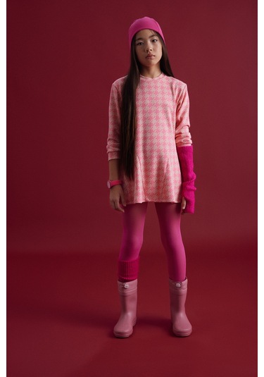 Luess Kız Çocuk Pembe Jakarlı Yumuşak Dokulu Elbise - Pembe