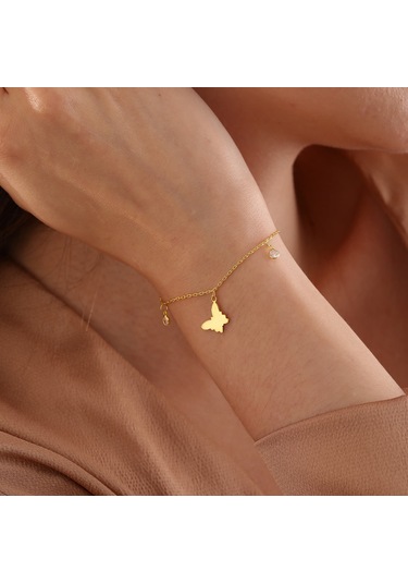 Queen Silver Jewelry 925 Ayar Gümüş Kelebek Objeli Zirkon Taş Sallantılı Bileklik Altın