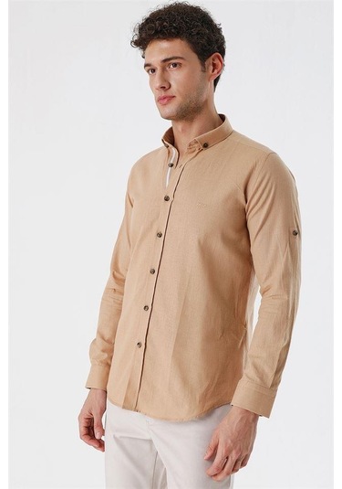 Camel Kısalabilir Kollu Cepsiz Biyeli %100 Pamuk Casual Slim Fit Dar Kesim Gömlek 1004230179-camel Camel