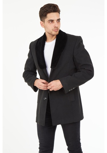 Sposo 1661 Yaka Kürkü Çıkmalı Yünlü Kaşe Füme Erkek Kaban Füme