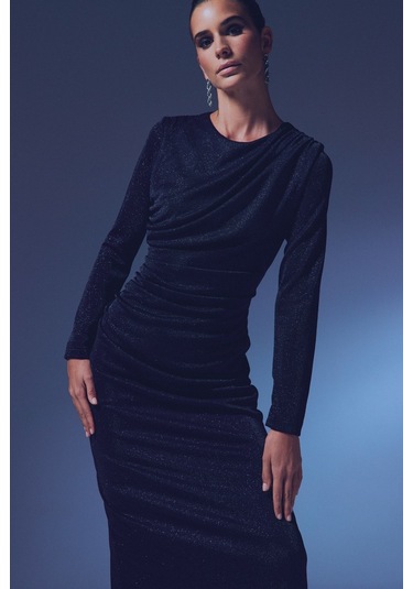 Simli Midi Elbise - Siyah-135359 Siyah