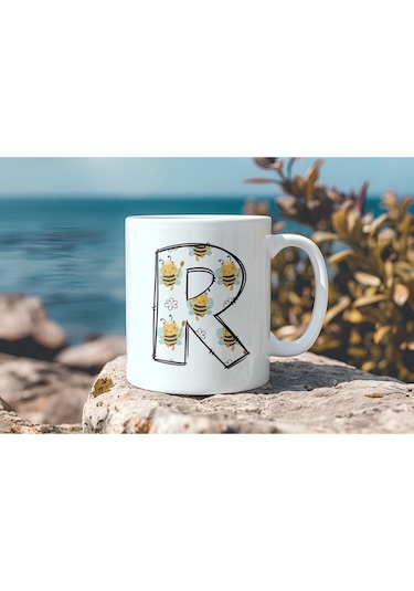 R Harfi Arı Desenli Kupa - Sevimli Hayvan Temalı Kişiye Özel Kahve Kupası - Şans Kupası Beyaz