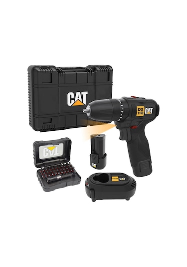 Cat DX1160 12V 2.0AH Li-ion Çift Akülü Darbeli Matkap + DA01901 32 Parça Aksesuar Seti
