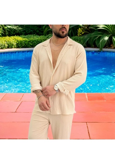 Erkek Bürümcük Krinkıl Kumaş Yazlık Likralı Apaj Yakalı Gömlek Ve Eşofman Takım Kombini Bej