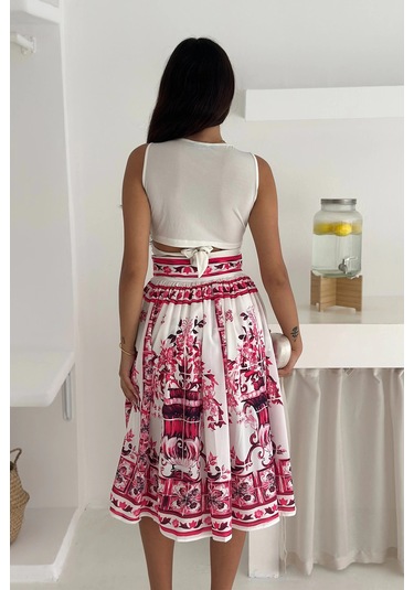 İthal Krep Kumaş Desenli Etek Pembe Mavi