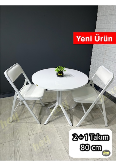Aras 2 Kişilik Yuvarlak Mutfak Yemek Masası Takımı 2+1 Beyaz Deri 80 Cm Beyaz