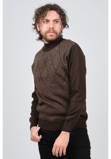 Ateş Triko Erkek Yarım Balıkçı Yaka Desenli Kazak 6091804 Kahvere Kahverengi