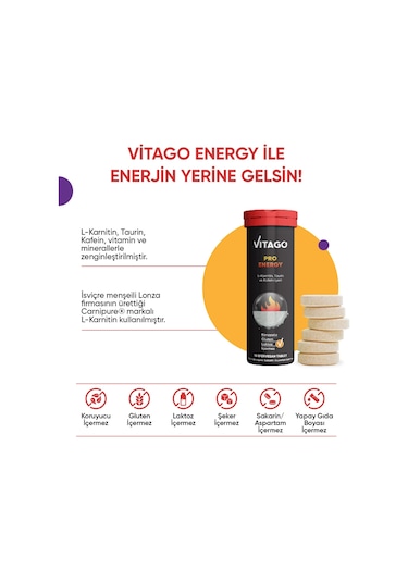 ﻿Vitago Energy L-Karnitin Taurin Kafein İçeren Takviye Edici Gıda 10 Efervesan Tablet
