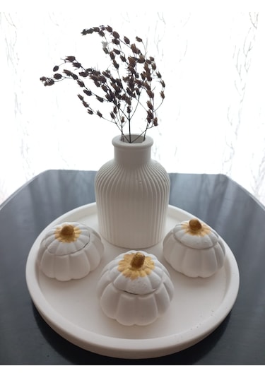 Tabakta 3'lü Mini Balkabağı Vazo Dekoratif Set Beyaz 03