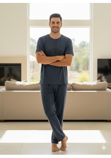 Erkek Kısa Kol Pijama Takım Lacivert