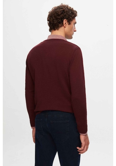 D's Damat Ds Damat Regular Fit Bordo Düz V Yaka Triko Kazak 5HF06ORT12003 Bordo