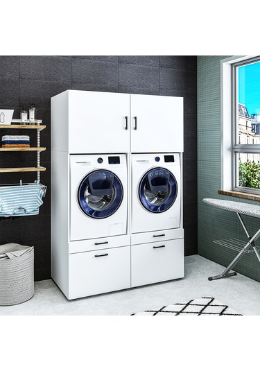 ROOMART ÇAMAŞIR-KURUTMA MAKİNESİ DOLABI + ÜST DOLABI 2'Lİ MAT BEY Mat Beyaz