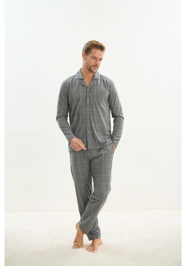 Erkek Uzun Kol Gömlek Yaka Önden Düğmeli Gri Pijama Takım C3t2n5o9 001