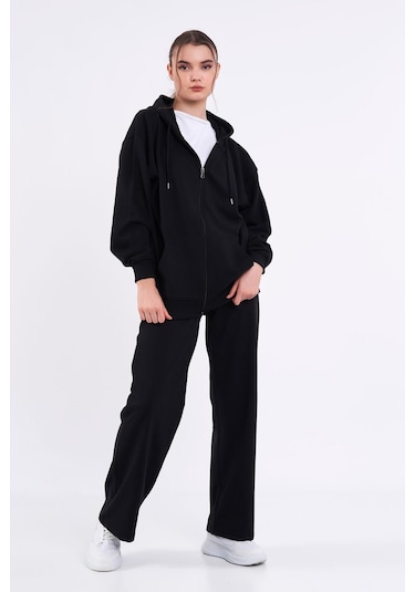 Kadın Siyah Normal Kalıp Basic Beli Lastikli Kapüşonlu Oversize Mevsimlik Alt Üst Eşofman Takımı Cmre7367 Siyah
