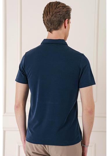 Slim Fit Düğmeli Polo Yaka Pamuklu Lacivert Tişört Ts 879 Lacivert