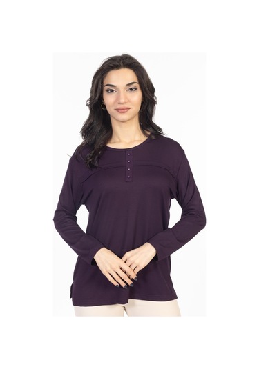 Yeni Sezon 2024 Sade Desen Yuvarlak Yaka Likralı Anne Penye Bluz 6484-mürdüm Mürdüm