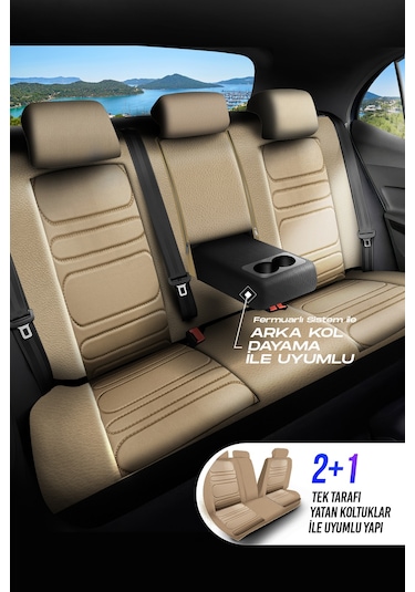 Bej - Bej Panda Rodos Serisi Deri Ortopedik Oto Koltuk Kılıfı - Tam Set