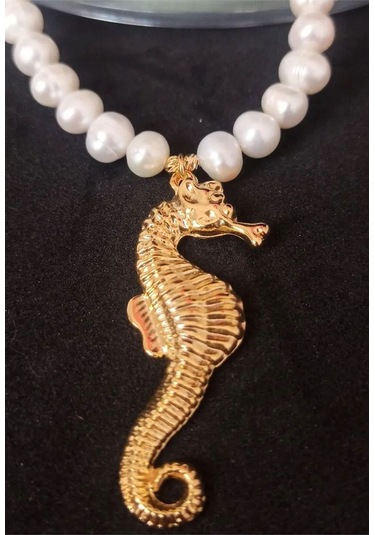 24k Altın Kaplama Gerçek İnci Deniz Atı Detaylı Tasarım Kolye Bey