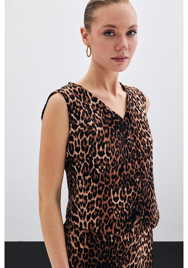 Sateen Kısa Leopar Yelek - Siyah-135502 Siyah
