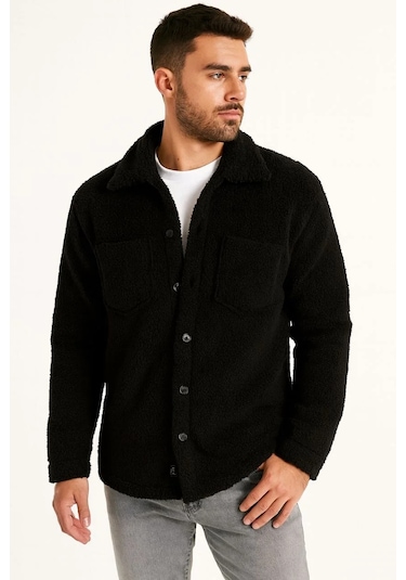 Erkek Pelüş Polar Hırka Gömlek Yakalı, İlik Düğmeli, Göğüs Cepli, Yumuşak Dokulu Kışlık Regular Fi Siyah