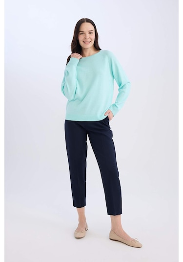 DeFacto Regular Fit Bisiklet Yaka Simli Triko Kazak Tunik D1580AX24WNTR423 Turkuaz