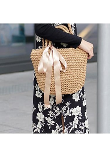 Kahve & Siyah Yogodlns El Yapımı Hasır Çanta Kurdelalar Ilmek Plaj Örgü Çanta Tote 32cm 26cm