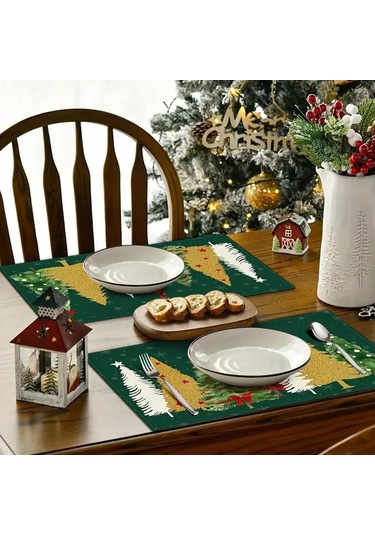 Xindoker Şık Ve Pratik 4 Parça Keten Masa Örtüsü Seti, 30x45cm, Yeşil Renk, Yılbaşı Ve Özel Günler İçin Yeşil