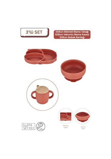 3'lü Silikon Bebek Beslenme Seti / Bölmeli Mama Tabağı / Mama Kasesi / Bebek Bardağı - Kiremit Rengi Kiremit