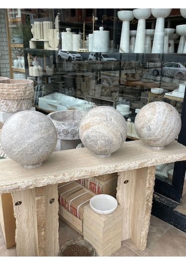Silver Traverten Doğal Taş Küre 30cm Çapında Tam Küre Beyaz