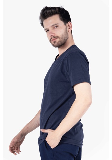 T-shirt V Yaka %100 Pamuk Lacivert