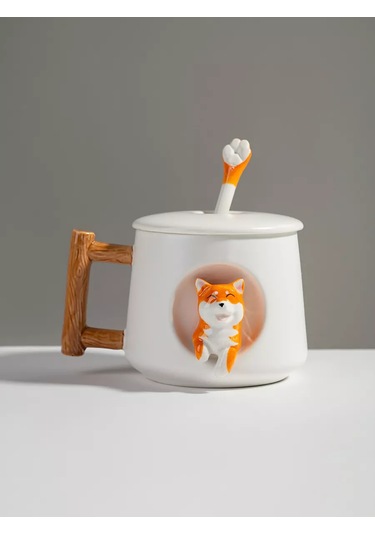 Teplo V Rukah Kapaklı Ve Kaşıklı Shiba Inu Fincanı 219546017 Beyaz