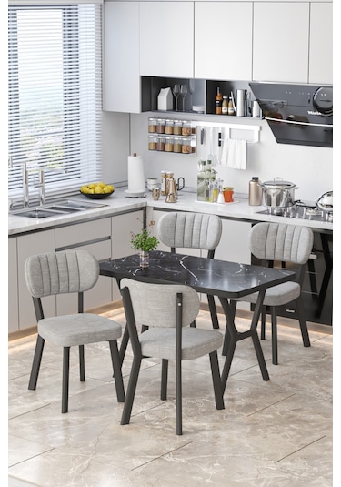 Parla 70x110cm Siyah Mermer Mutfak Masası, Mutfak Masası Takımı, Yemek Masası, 4 Gri Sandalye Gri