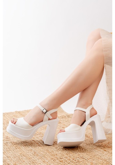 Asmi Shoes Kadın Tek Bantlı 12cm Platformlu Topuklu Ayakkabı Beyaz Beyaz