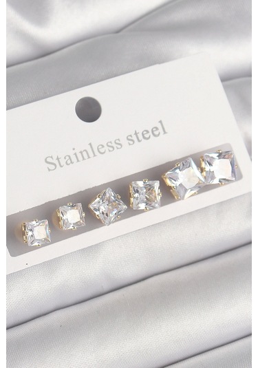 Shoecide 316l Çelik Gold Renk Kare Zirkon Taş Model Kadın Küpe Seti Çok Renkli