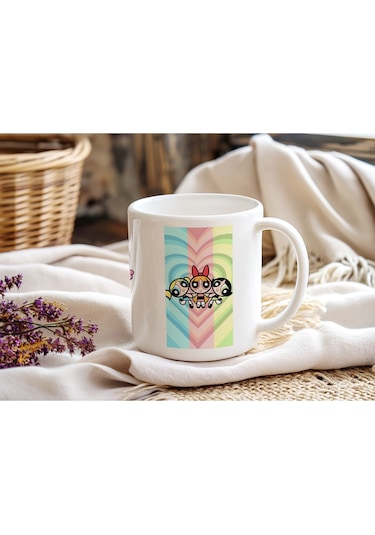 Powerpuff Girls Gökkuşağı Desenli Renkli Kupa Bardak - Eğlenceli Güçlü Kadın Hediye Beyaz