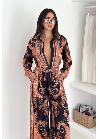 Saten Kumaş Desenli Alt-üst Takım Kahverengi
