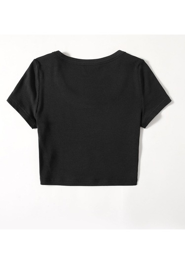 U Yaka Siyah Renk Fitilli Kısa Kollu Regular Crop Top Bluz Siyah
