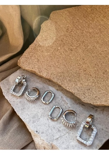 Gümüş Renkli Taşlı Altılı Küpe