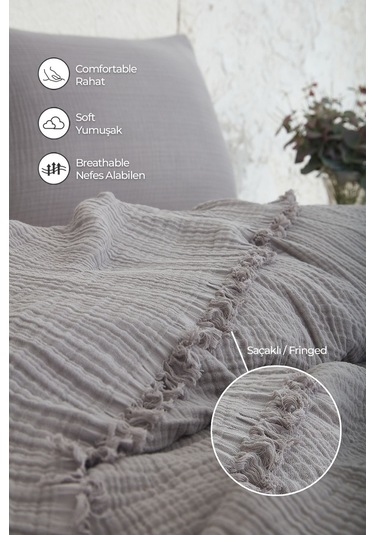 %100 Pamuk Çift Kişilik Müslin Yatak Örtüsü 4 Katlı Yumuşak Battaniye Müslin Pike Takımı 3 Parça Gri Gri