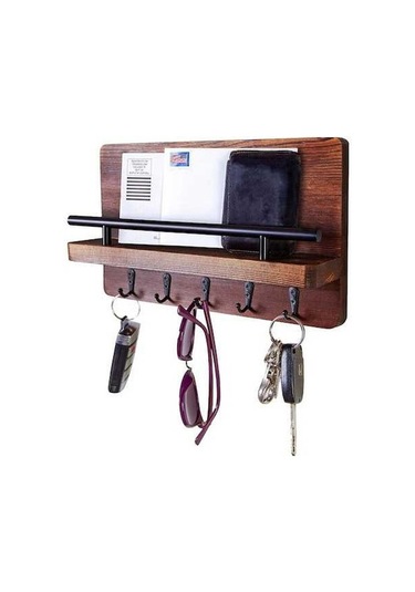 Flybuy Ahşap Anahtarlık Duvar Rafı - Çam Ağacı Kahverengi, 25x18.5x7.5cm, Endüstriyel Dekor İçin Mükemmel Giriş Siyah