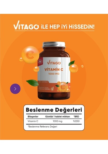 Vitago Premium Vitamin C 1000 MG İçeren Takviye Edici Gıda 60 Tablet