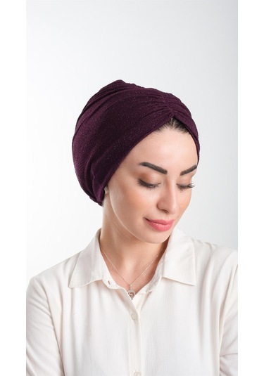 Mürdüm Pratik Hazır Geçmeli Tesettür Bone Fukuro Simli Büzgülü 2116 07 Mürdüm